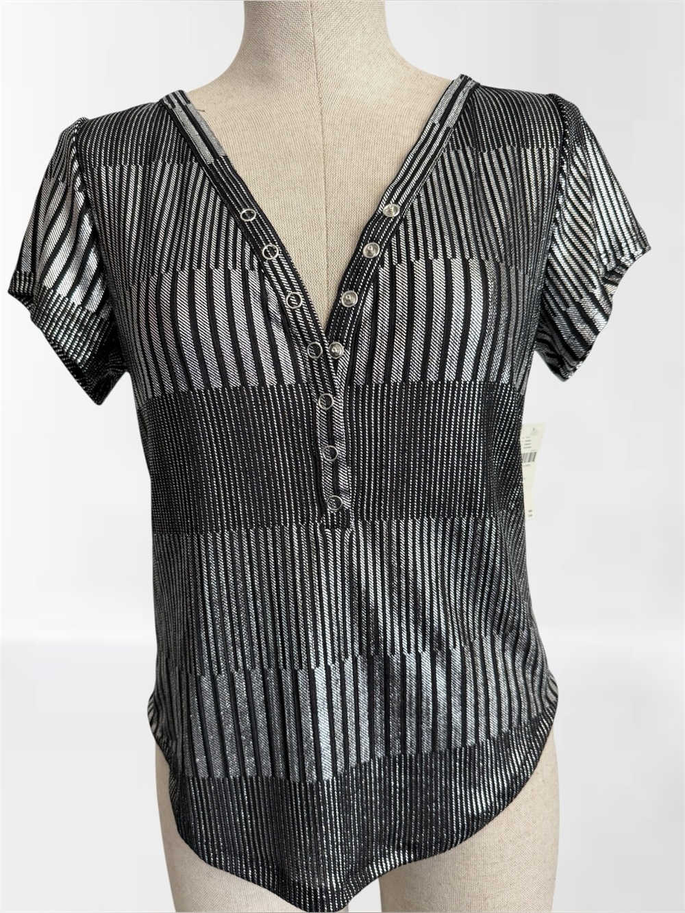 NWT Pilcro Anthropologie Metallic Stripe V-Neck Button Top Black Silver L